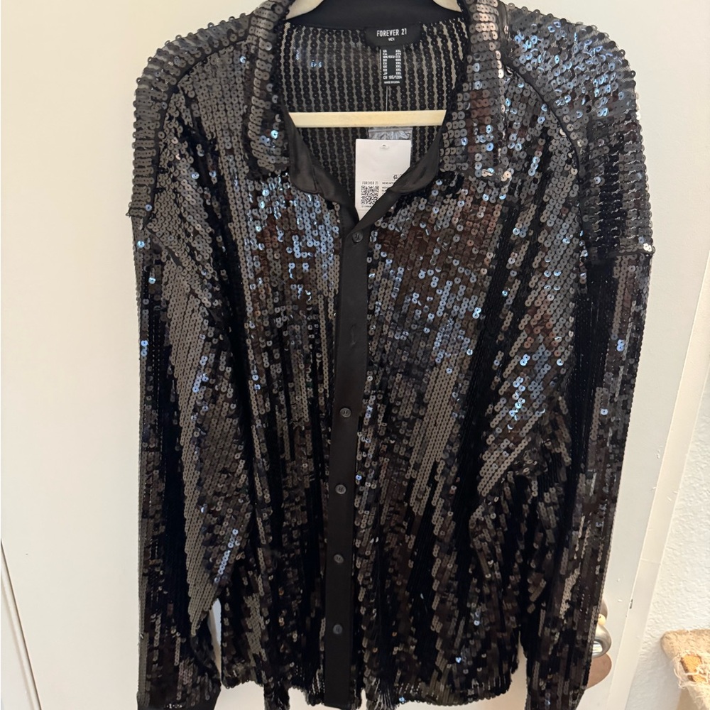 Forever 21 Black Sequin Button Down Shirt